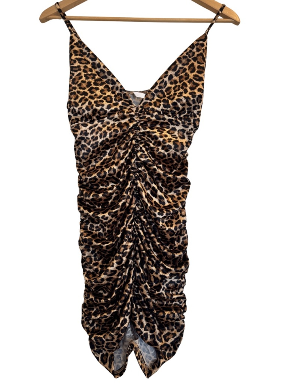Leopard Print Ruched Mini Dress Bodycon Spaghetti Strap Large Runs Small